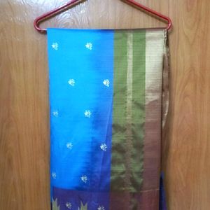 Blue Silk Saree With Purple Zari Border