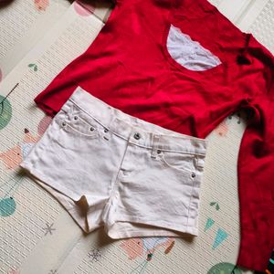 🍒 Red Woolen Top And White Shorts