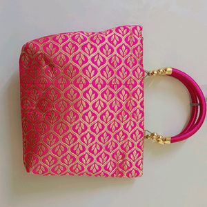 Pink and Golden Rani Batua Hand Bag