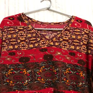 V Neck Printed Red Top