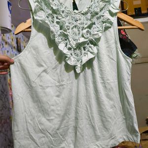 Mango Green Solid Cotton Ruffled Regular Top