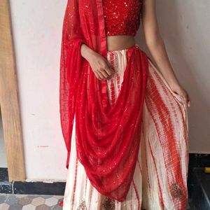 Red Velvet Backless Blouse Or Lehenga with Dupatta