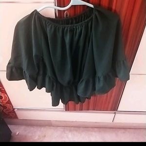 Off Shoulder Green Flared Sleeves Elasticated Top