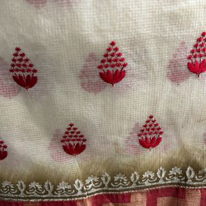 Half White Cotton Kota Saree With Red Embroidery