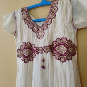 Cream Pink Net Ethnic Gown