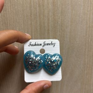 Heart Shape Glittered Earings In Blue Colour