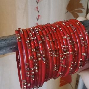 Red Glass Bangles With Stone Work