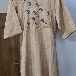 Beige Raw Silk Kurta with flowers strawberries