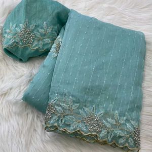 Beautiful Stone Work Organza Saree