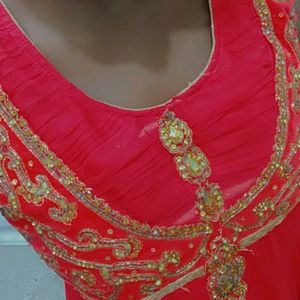 Coral Flared Sleeveless Party Wear