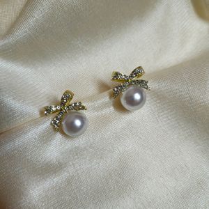 Korean Studded Bow With pearl Drop earrings