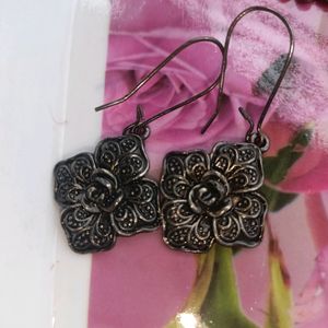 Black Polish Antique Rose Oxidised Earrings