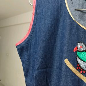 Dark Blue Parrot Design Sleeveless Kurti