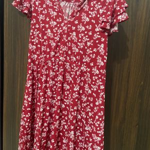 Red & White Floral A-line Dress