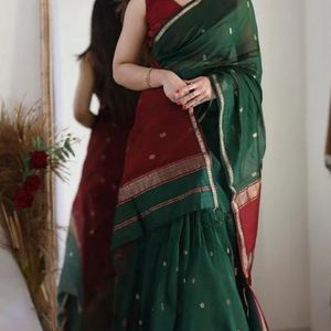 Women Green With Red Contrast Pallu Saree