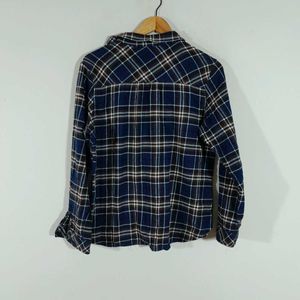 Navy Blue Checks Shirt Style Top For Women's