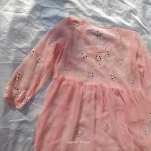 Beutiful Peach Chikankari Mirror Work Kurti/ Tunic