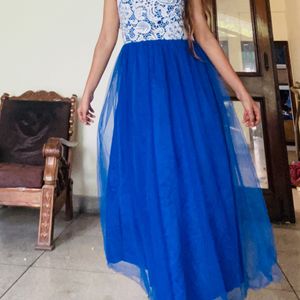 Vintage Blue White Tulle Gown Party Dress