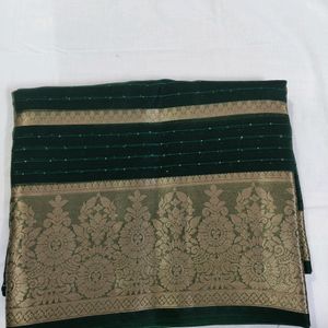 Dark Green Gold Organza Sequence Saree