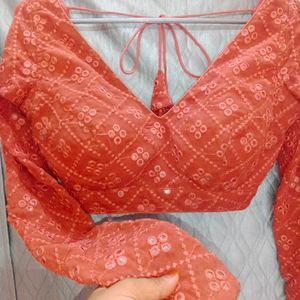 3ps Chikankari Nude Red Lehenga Choli