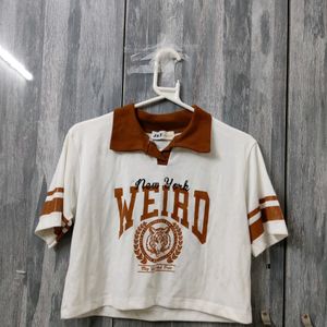 Crop Brown Collared White Tshirt