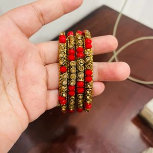 Red Golden Stone Studded Kada Bangles