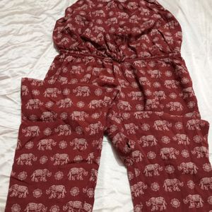 Elephant Printed Maroon Jumpsuit Dress (Women)