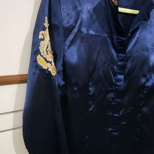 Fusion Party Navy Satin Embroidered Shirt