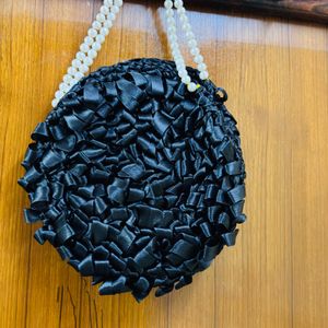 Round Crochet Black Bag With Pearl Handle