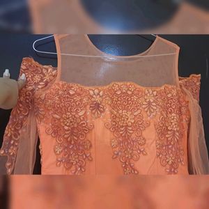 Orange Offshoulder Net Ethnic Gown