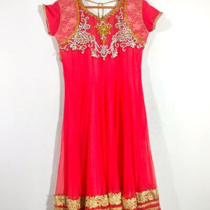 Corel Red With Gold Anarkali (Women's)