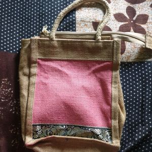 Khaki And Pink Jute Handmade Bag