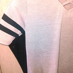 Women Grey Plain Black Stripe Cross Neck Top