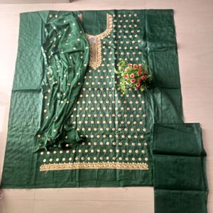 Combo Rose Pink & Green Embroidery Work Febric