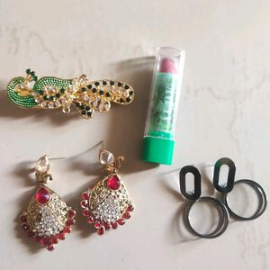 Ear Rings , Lipstick And Hair Clip