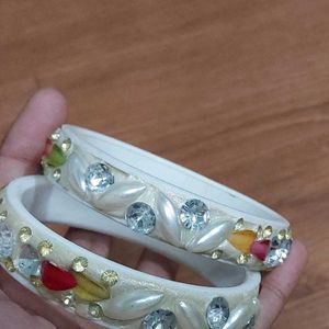 Off White Heavy Bangles With Crystal Work