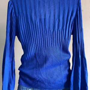 Blue V-neck Puff Sleeve Sweater 🎀