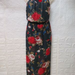 "Elegant Allure: Black Rose Print Gown"