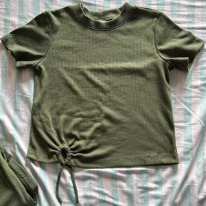 Girls Olive Green Solid Ribbed Cotton Coord Set