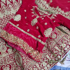 Fish Cut Bridal Red Velvet Lahenga