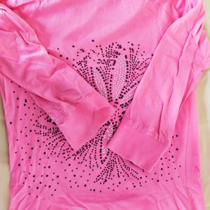 Pink Turtle Neck Top With Rhinestone Floral design