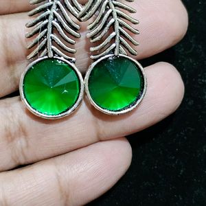 Silver Look alike Earrings With Green Stone