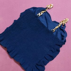 Blue Ruched Top With Gold Chain Detail