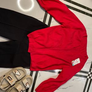 Red Cardigan With Black Trouser And Flat Wth Kurti