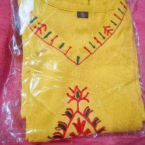 Yellow Cotton Kurta Pant Set Embroidered