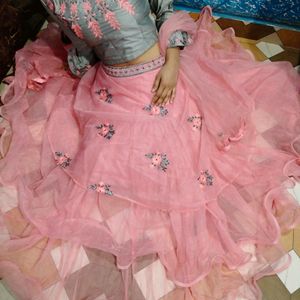 Net+Banarasi Lehnga Choli With Dupatta