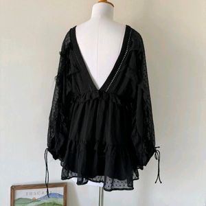 Deep Neck Sexy Black Flared Dress - M Size