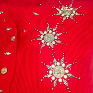 Women Red Cardigan Sweater