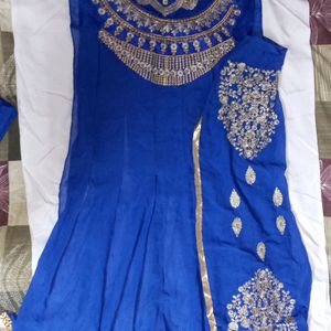 Blue Anarkali Semi Stitched Dress Material.