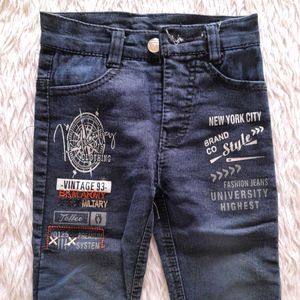 Dark Navy Blue Printed Jeans For Boy's